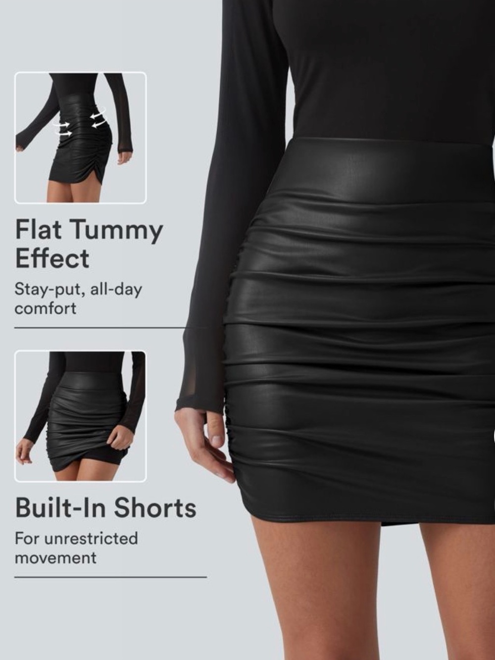HALARA Black with glitter Ruched Faux Leather Mini Skirt Sz S.